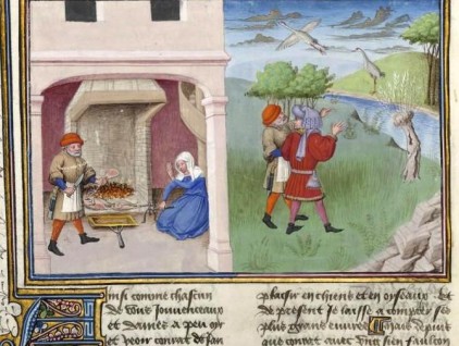 Chichibio presenta a Corrado una gru con una coscia. Il giorno dopo richiestogli il perché, dice "Era piegata, la gru dormiva".