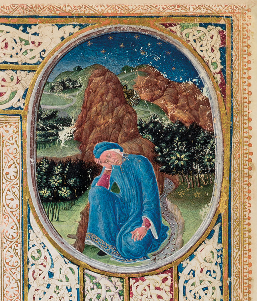 Miniatura dalla Divina Commedia di Dante Alighieri, Ms. Urb. lat. 365, c. 1r, 1478-1482, Biblioteca Apostolica Vaticana.